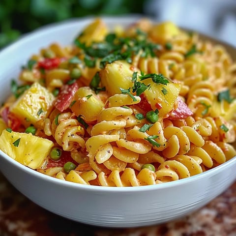 Ein weißer Teller mit Pasta, Tomaten, Zwiebeln und Pineapple.
